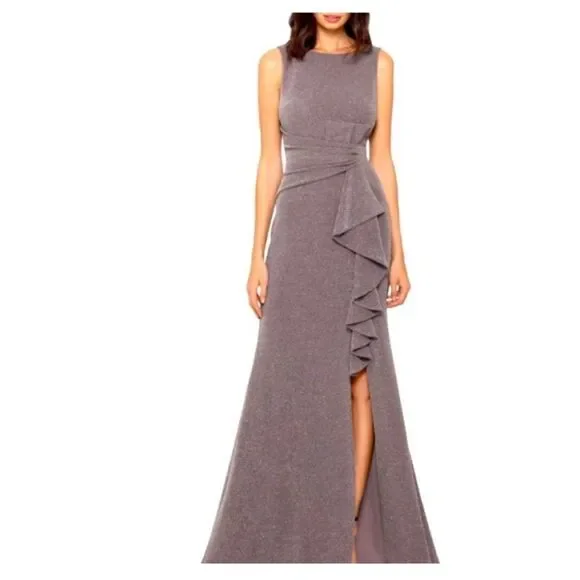 Betsy & Adam A23550 Cascade-Front Glitter Gown Sleeveless Taupe/Silver 8